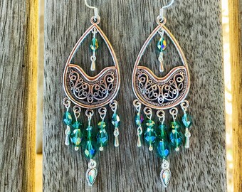 Sparkling Silver Sea Green Bohemian Chandelier Earrings, Pretty Teardrop Green Silver Boho Earrings, Valentine Gift Her, Birthday Gift Her!