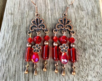 Pretty Red Copper Flower Red Beaded Vintage Style Boho Chandelier Earrings, Handmade Unique Lightweight  Bohemian Earrings,Birthday Gift Her