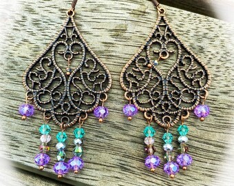 Morrocan Purple Green Chandelier Earrings, Red Copper Heart Earrings, Handmade Unique Bohemian Chandelier Earrings, Valentine Gift for Her