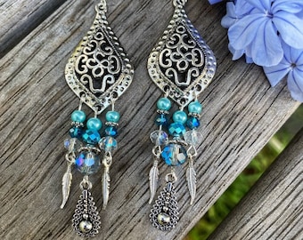 Pretty Silver Blue Turquoise Crystal Feather Boho Chandelier Earrings, Sterling Silver Hook,Occasional Earrings,Birthday Gift Her, Self Gift