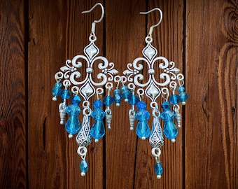 Silver Blue Turquoise Chandelier  Boho Earrings, Handmade Unique Bohemian Earrings, Festival Earrings, Birthday Gift Her, Valentine Gift Her