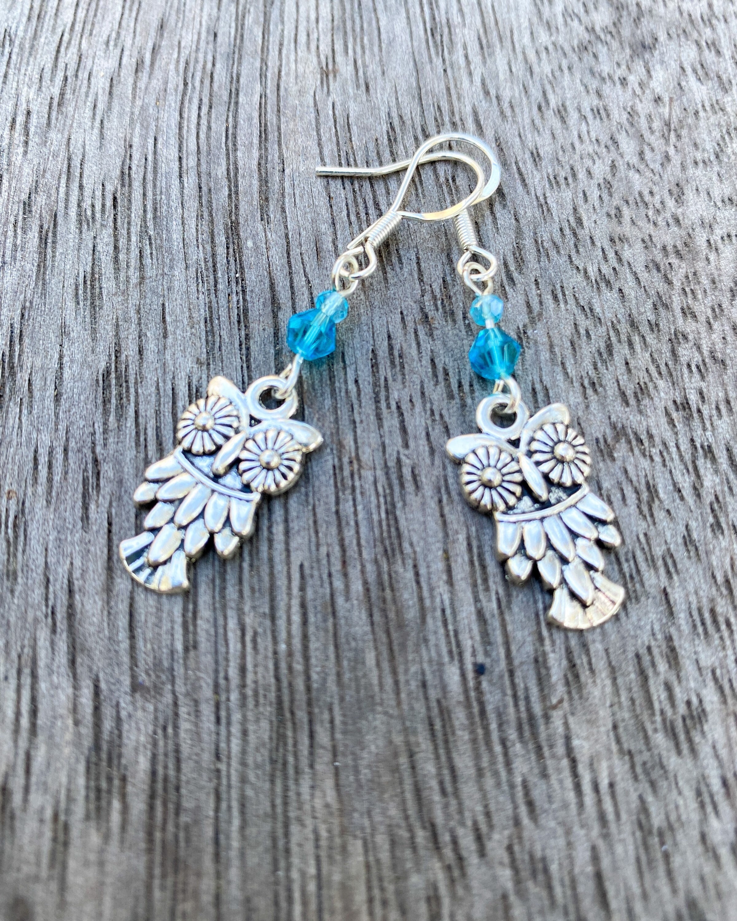 Cute Silver Blue Turquoise Owl  Dangle Earrings with Sterling Silver Hook, Birthday Gift Her, Valent