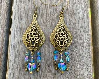 Sparkling Brass Blue Green Crystal Heart Bohemian Chandelier Earrings, Handmade Unique Boho Earrings,