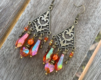 Orange Crystal Brass Heart Boho Chandelier Earrings, Handmade Unique Sparkling Orange Bohemian Earrings, Wedding Earrings, Sparkling Earring
