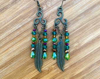 Unique Celtic Brass Green Feather Boho Chandelier Earrings,Sparkling Green Red Earrings, Valentine Gift for Her,Birthday Gift Her, Self Gift