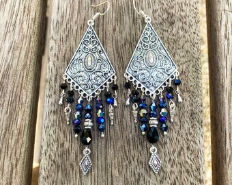 Handmade Unique Silver, Black Blue Boho Chandelier Earrings with Silver Charms, Valentine Gift for Her, Birthday Gift Her, Hippie Earrings