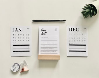 2024 Desk Calendar | Wooden Holder | A6ish | Monochrome Minimalist Calendar | Office Desk Accessory | Home Decor | Month View Cards | Gift