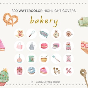 300 BAKERY WATERCOLOR ICONS Instagram Story Highlight Icons / Covers Chef Pastry Cake Cupcake Patisserie Sweets Shop