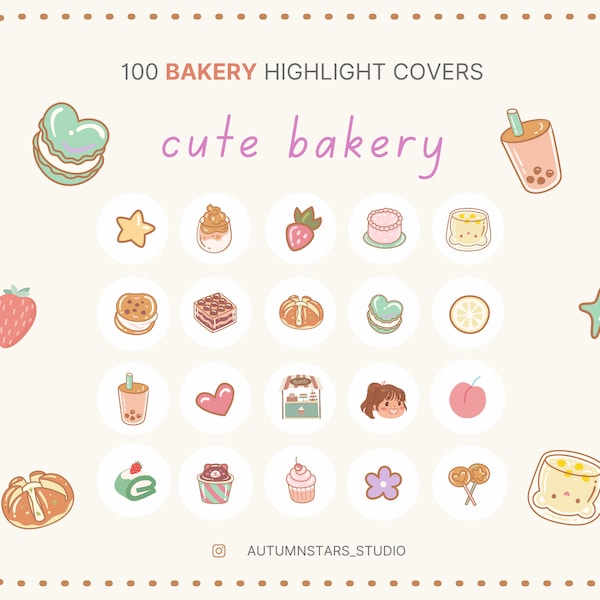 100 CUTE BAKERY Kawaii, Korean Style Instagram Story Highlight Icons Covers Shop Patisserie Business Bake Cupcake Cakes Gateau Baking