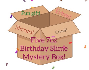 Birthday mystery slime box. Five 8oz slimes, small toy, candy, Personalized, Birthday slime, party, mystery slime. Free shipping eligible.
