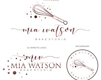 Puede incluir: Un diseño de logotipo para una panadería llamada "Mia Watson Bake Studio". El logotipo presenta un batidor de alambre rosa con un efecto de estallido de estrellas rosa y el texto "Mia Watson Bake Studio" en una fuente cursiva.