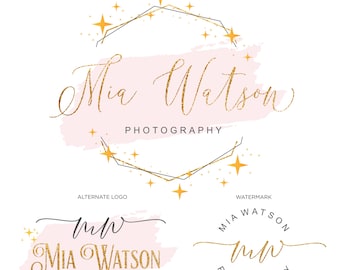 Pink Watercolor Photography Logo: Rose Gold Sparkle Confetti, Premade Watermark