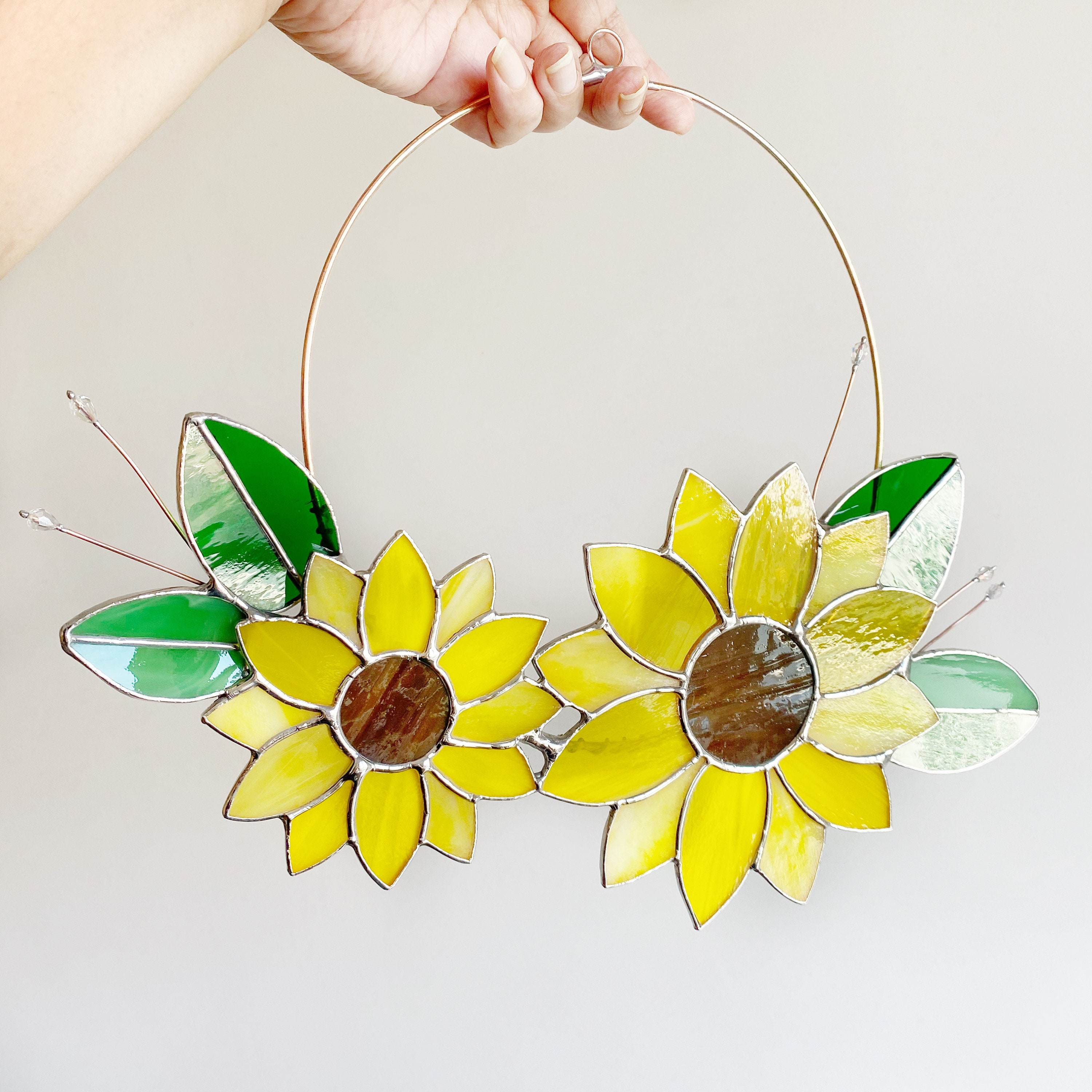 Stained Glass Sunflower Wreath Floral Glass Wreath Window Etsy