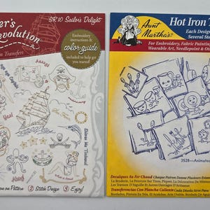 May include: Two iron-on transfer packets. The left packet is maroon and white, featuring nautical designs like a ship and pirate. The right packet is yellow and blue, with animated dish motifs.