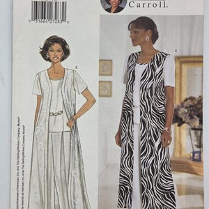 May include: Butterick sewing pattern 5481 for a three-piece ensemble featuring a sleeveless long vest, a short-sleeved top, and wide-leg trousers. The pattern includes options for a solid color or a zebra print vest, with sizes 14-16-18.