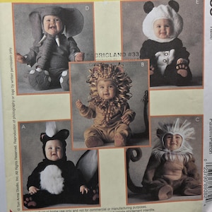 May include: A baby costume pattern with five animal designs: an elephant, a lion, a panda, a skunk, and another lion. The costumes are shown on babies. The pattern includes the text "FABRICLAND #33".