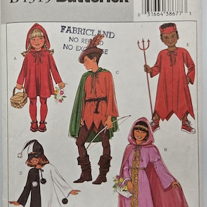 May include: Butterick B4319 sewing pattern for children's costumes. The pattern includes designs for Little Red Riding Hood, Robin Hood, a devil, a jester, and a princess. Sizes included are Sml-Med-Lrg-Xlg.
