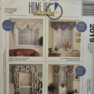May include: McCall's Home Decor sewing pattern showing four window treatment designs. Includes a Jiffy over-the-pole swag, a handkerchief valance, an imperial valance with drapes, and easy swagged panels. Some designs are estimated to take 90 minutes.
