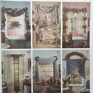 May include: A vintage pattern titled "Jiffy 6 Pack" showcasing six window curtain designs. The designs include valances, drapes, and floral accents. The colour palette features floral patterns, soft pastels, and neutral tones.