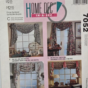 May include: A Home Dec In-A-Sec pattern envelope 7052 featuring four window treatment designs. The front displays illustrations of swags with rosettes, full-length swags, and easy swags with fold-back jabots, showcasing various floral fabric patterns.