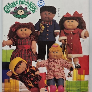 May include: A vintage Cabbage Patch Kids pattern featuring five dolls in various outfits. The dolls have different hairstyles and wear dresses, coats, and suits. The pattern includes the Cabbage Patch Kids logo and text.