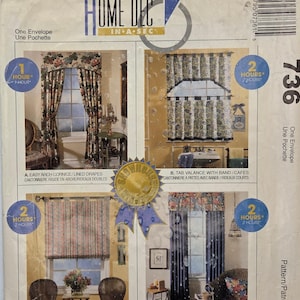 May include: A McCall's Home Dec sewing pattern envelope, number 736, featuring four window treatment designs: an arched cornice with lined drapes, a tab valance with cafe curtains, a tabbed Roman shade, and an easy pleat topper with unlined drapes.