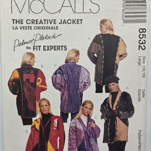 May include: McCall's sewing pattern for The Creative Jacket, size 16-18. The pattern features various jacket designs with colour-blocked panels in shades of black, red, yellow, purple, and tan. The pattern includes the text "Palmer Pletsch, the Fit Experts."