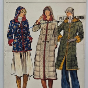 May include: A vintage Vogue Patterns sewing pattern for hooded coats. The pattern, size 14, showcases three coat designs. The coats are in different styles, including a floral print and quilted patterns. The price is $3.00.