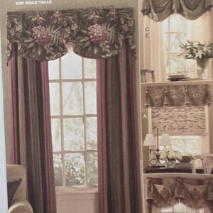 May include: Butterick B5057 Waverly sewing pattern envelope featuring illustrations of window treatments. The main image shows a floral valance over striped curtains. Smaller images display variations labelled A, B, C, and E with different fabric styles.