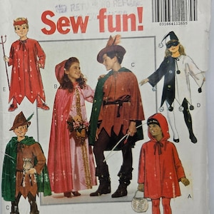 May include: Vintage Butterick sewing pattern 5673 featuring children's costume designs. The pattern includes illustrations of various costumes, including a devil, a princess, a Robin Hood-style outfit, and a jester. The text "Sew fun!" is visible.