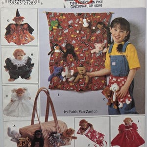 May include: A craft pattern showcasing designs for stuffed animals, such as a witch, a clown, and a teddy bear. The pattern also features a tote bag and a red fabric with animal prints. The image includes the text "Hancock Fabrics" and "by Faith Van Zanten."