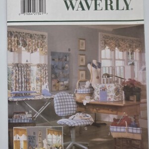 May include: Butterick sewing pattern 5506 for Waverly home decor items. The envelope displays illustrations of window valances, curtains, a chair cover, a storage organiser, a sewing machine cover, and baskets, all featuring blue and white gingham or floral fabric.
