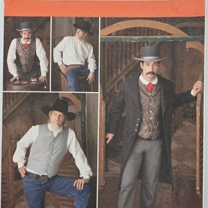 May include: A Simplicity sewing pattern envelope 2895 for clothing in size AA 38, 40, 42, 44. The cover features photographs of outfits including a long dark coat, patterned vests, white shirts, grey trousers, blue jeans, and hats for a historical look.