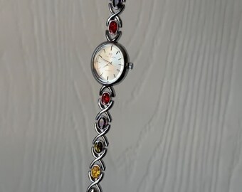 Vintage Silver Women’s Watch, Silver Gemstone Watch, Unique Watch, Rainbow Rhinestone Watch, Vintage Inspired Watch, Graduation Gift