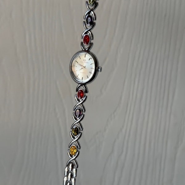 Vintage Silver Women’s Watch, Silver Gemstone Watch, Unique Watch, Rainbow Rhinestone Watch, Vintage Inspired Watch