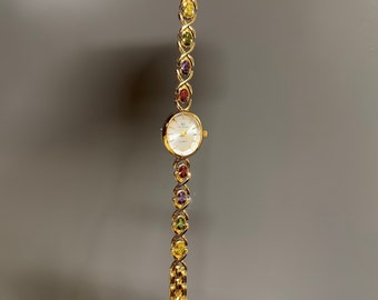 Vintage Gold Watch, Women’s Gold Watch, Unique Watch, Rainbow Gemstone Watch, Vintage Inspired Watch, Mother's Day Gift