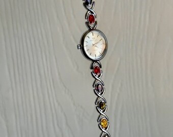 Silver Vintage Women’s Watch, Silver Gemstone Watch, Unique Watch, Rainbow Rhinestone Watch, Vintage Inspired Watch, Graduation Gift