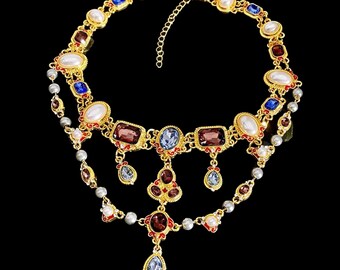 Edelstein-Halskette, Barock-Halskette, Gold-Strass-Halskette