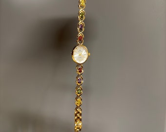 Gouden vintage horloge, dames gouden horloge, uniek horloge, regenboog edelsteen horloge, vintage geïnspireerd horloge, afstudeercadeau, Moederdagcadeau