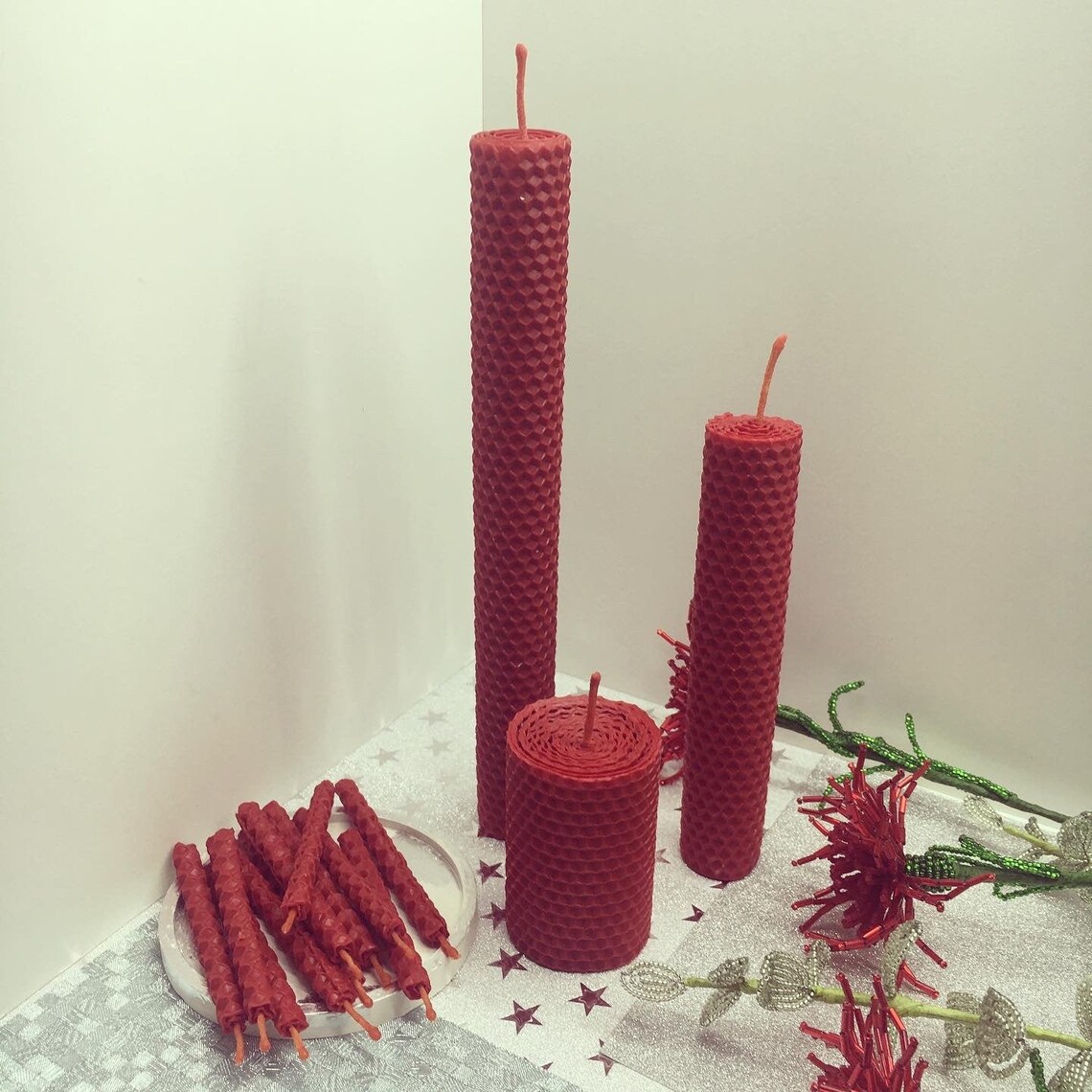 Set of 14 Red beeswax candles 100 Pure beeswax rolled candle Etsy