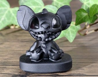 Estatua de Stitch de obsidiana natural de 2'', regalos de Stitch de cristal, estatua de Stitch, regalos de figuritas de Stitch, Stitch de obsidiana, animal de dibujos animados de cristal