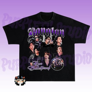 Op de afbeelding: Zwart t-shirt met een collage van afbeeldingen van een muziekgroep, met het woord "Bangtan" in paarse gotische letters. Onder de afbeeldingen staat de tekst "Run Bulletproof" in cursief.