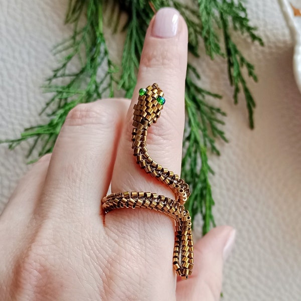 Beaded snake ring. golden lizard dragon handmade jewelry. one size fits all stylish accessory gift for her talisman amulet financial success