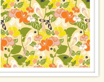 A3 / TAKE FLIGHT SERIES – I 'Limoncello' Pattern Poster Print / Rainforest, Tropical, Macaw, Parrot, Animal, Bird, Vibrant, Foliage, Leaves