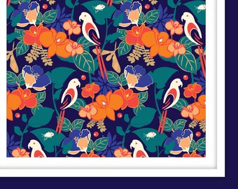 A2 / TAKE FLIGHT SERIES – I 'Scarlet' Pattern Poster Print / Rainforest, Tropical, Macaw, Parrot, Animal, Bird, Vibrant, Foliage, Leaves
