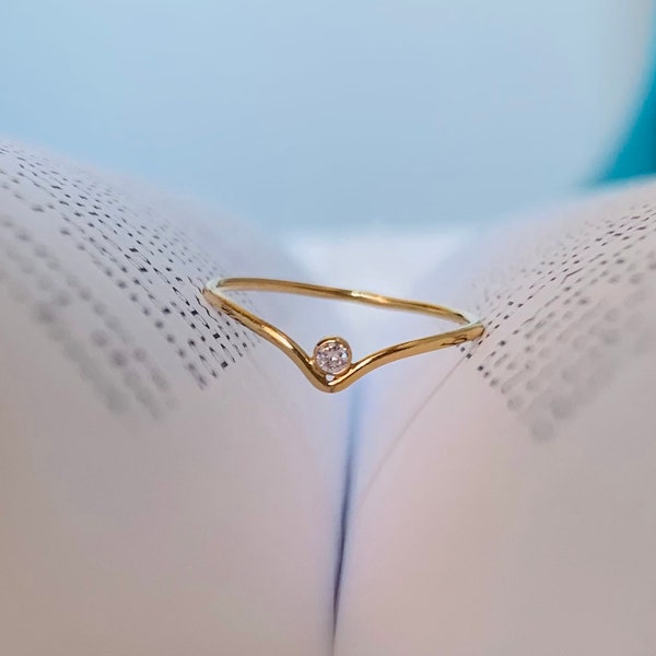 Gold Chevron Ring - Thin 14K Gold Filled Chevron Ring with Cubic Zirconia Stone - Tiny Solitaire Stacking Ring - 1mm - Dainty Minimalist