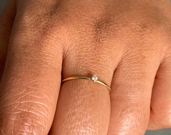 Gold Filled Ring - Thin 14K Gold Filled Ring with Cubic Zirconia Stone - Tiny Solitaire Gold Filled Stacking Ring - 1mm - Dainty Minimalist