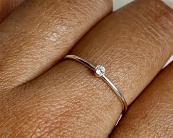 Sterling Silver Ring - Thin Silver Ring with Cubic Zirconia Stone - Tiny Solitaire Silver Stacking Ring - 1mm Dainty Ladies Ring -Minimalist