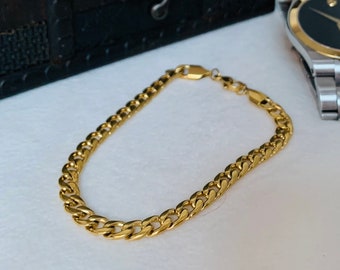 Gold Curb Bracelet Men's - Gold Plated Cuban Chain Bracelet for Men - High Quality - Hypoallergenic 18K Gold Plated Curb Chain - Gift