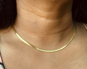 Gold Snake Chain - Gold Herringbone Chain Necklace for Women - High Quality - Hypoallergenic 18K Gold Plated Choker - Dainty - Minimalistic